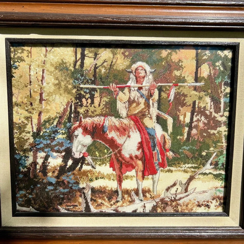 Vintage Needlepoint Indian Horse Art w/ Frame -